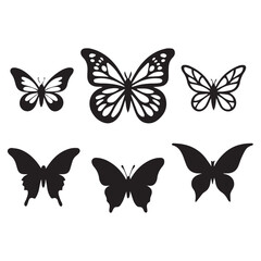 Poster - Six black butterfly silhouettes are arranged in two rows on a white background