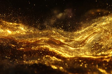 Wall Mural - Abstract Golden Wave with Glittering Particles on Dark Background