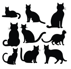 Poster - Nine black silhouette cats in various poses are scattered on a white background