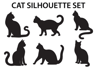 Poster - Six black cat silhouettes in various poses sit under the text CAT SILHOUETTE SET against a white background