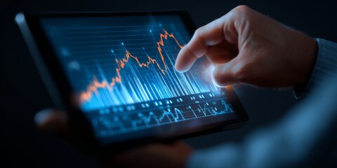 Poster - Businessperson Analyzing Financial Trends on Digital Tablet with Graphs and Charts Showcasing Market Fluctuations and Data Insights for Professional Use