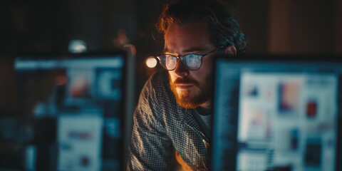 Poster - Focused man working late at a computer desk surrounded by screens, wearing glasses, indoors in a stylish workspace with warm lighting and a creative atmosphere