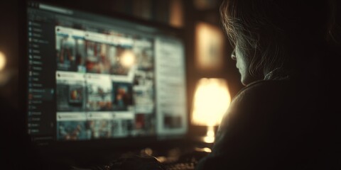 Poster - Person using computer late at night with soft lighting in the background, browsing through captivating digital content on a large screen display