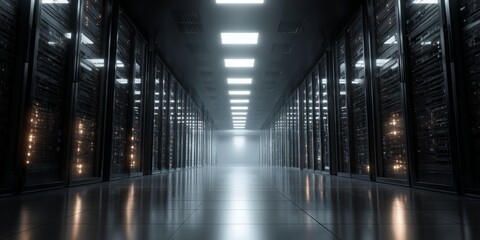 Poster - High-Tech Data Center Interior with Rows of Server Racks and Futuristic Lighting in a Dimly Lit Environment
