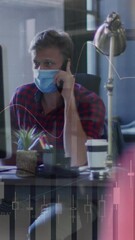 Poster - Animation of statistical data processing over caucasian man talking on smartphone at office
