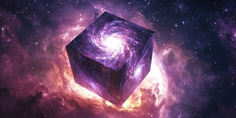 Wall Mural - A concept illustration of a floating cube opening to reveal endless swirling galaxies inside.