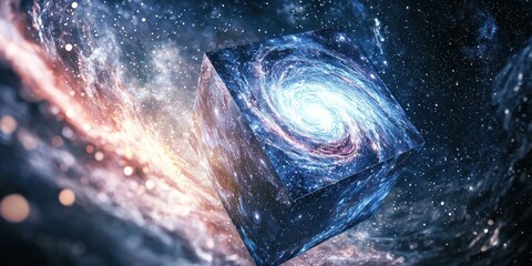 Wall Mural - A concept illustration of a floating cube opening to reveal endless swirling galaxies inside.