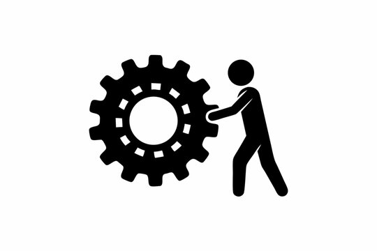 Stick Figure Pushing Gear icon silhouette vector illustration