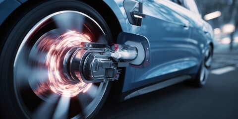 Poster - Dynamic Close-Up of Electric Car Wheel with Motion Blur Effect Illustrating Advanced Technology and Energy Efficiency in Modern Vehicles