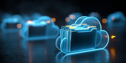 Poster - Futuristic digital cloud storage concept showcasing glowing folders in a high-tech environment for data organization and management solutions