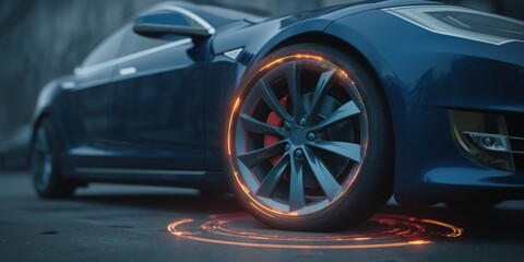Poster - Close-up View of Electric Vehicle Wheel with LED Light Effects on Road in Modern Urban Environment