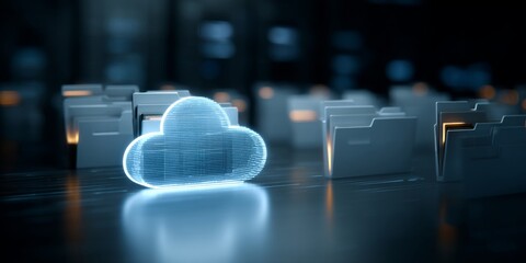 Poster - Digital Cloud Storage Concept with Glowing Cloud Icon Surrounded by File Folders Representing Data Management and Technology in Modern Office Environment