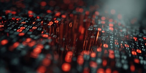 Aufkleber - Abstract Digital Matrix with Glowing Red and Black Binary Code Displaying Numbers and Patterns for Technology and Data Visualization Concepts