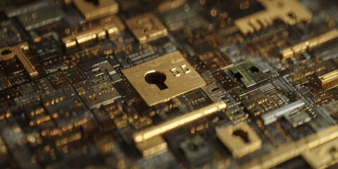 Poster - Detailed Close-Up of a Gold Circuit Board Featuring Security Elements and Lock Symbols on a High-Tech Microchip Design for Technology Themes
