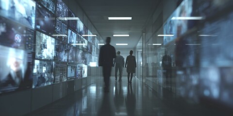Poster - Group of Professionals Walking Through Modern Office Corridor Surrounded by Digital Screens Displaying Data and Multimedia Content