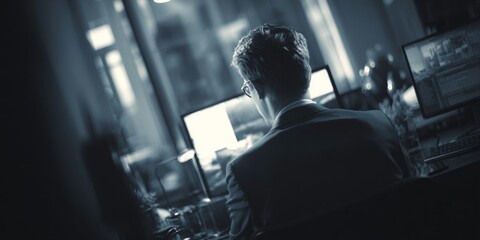 Poster - Professional business person working late at night on computer in modern office setting with focus on screens and a dimly lit atmosphere