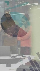Poster - Animation of statistics and financial data processing over diverse business people in office