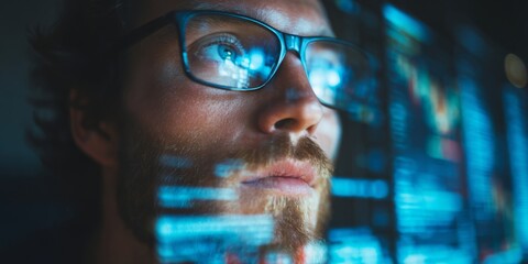 Poster - Close-Up of Focused Man in Glasses Analyzing Digital Data with Graphs and Charts on Screen, Concept of Technology and Analytics in Modern Work Environment