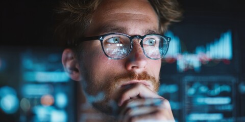 Poster - Thoughtful young analyst in glasses looking at data charts on display with focus and determination in modern office setting, deep in contemplation