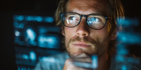 Poster - Thoughtful male professional gazes into the distance with focus, surrounded by digital screens displaying data and technology concepts in a modern workspace