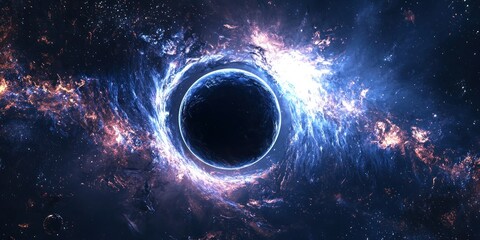 a cosmic scene showing a planet being slowly pulled into a black hole