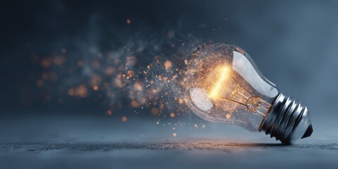Aufkleber - Shattered Light Bulb with Glowing Sparks and Particles Creating an Artistic Explosion in a Dark Background Evoking Creativity and Illumination
