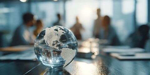 Poster - Clear glass globe with continents on a desk in a modern office setting, with blurred business professionals engaged in discussion and teamwork
