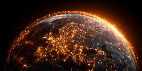 Aufkleber - Beautiful glowing globe of Earth at night showcasing European continent with intricate network connections and sparkling city lights illustrating technology and innovation
