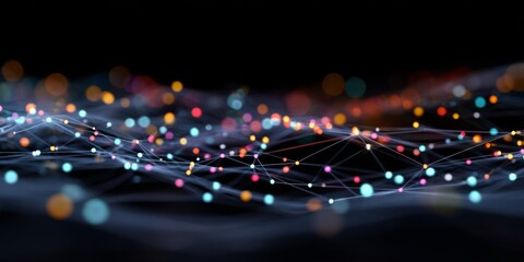 Poster - Abstract digital wave with colorful dots and connections on dark background representing data visualization, technology, and innovation concepts
