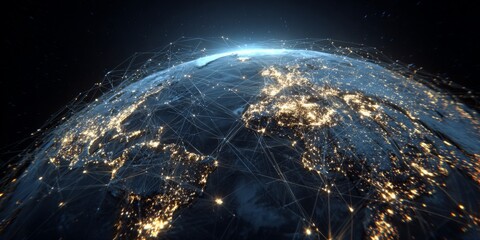 Poster - A Stunning View of Earth at Night Illuminated by City Lights and Connected by Digital Network with Glowing Data Lines and Stars in the Background