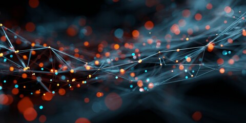 Poster - Abstract visualization of interconnected particles and lines in a digital environment with vibrant colors and light effects creating a sense of movement and depth