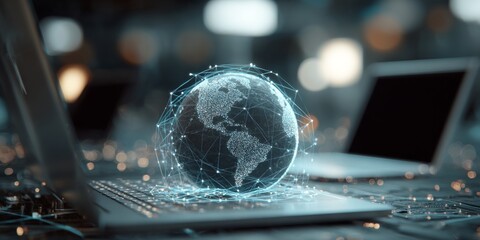 Poster - Digital globe with connected network lines on laptop keyboard representing global connectivity and technology in a modern workspace environment