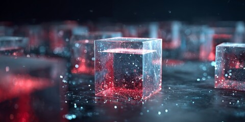 Aufkleber - Abstract digital scene featuring transparent cubes filled with liquid and illuminated by glowing red particles creating a vibrant and futuristic ambiance