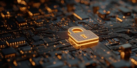 Poster - Secure Digital Lock on Circuit Board Representing Cybersecurity Technology and Data Protection Innovations in Modern Computing Systems