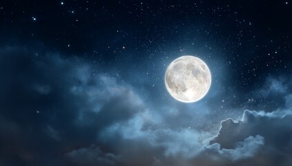 Wall Mural - Full Moon in a Starry Night Sky with Clouds