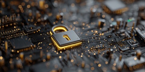 Poster - Secure Digital Environment with Lock Symbol on Circuit Board, Showcasing Cybersecurity and Technology in Modern Data Protection Landscape