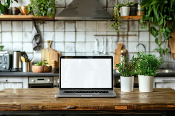 Mockup Blank Screen Laptop Computer on White Wooden Table with White Wall Background