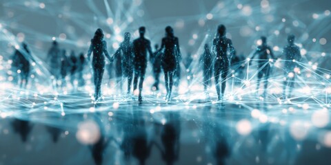 Aufkleber - Abstract representation of human figures walking together in a digital network, symbolizing unity, connection, and technology in a futuristic environment.