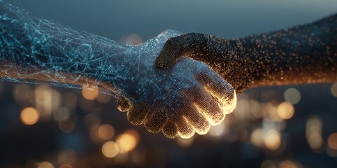 Aufkleber - Futuristic Handshake Between Two Diverse Hands Representing Unity, Collaboration, Technology, and Innovation Against a Backdrop of City Lights