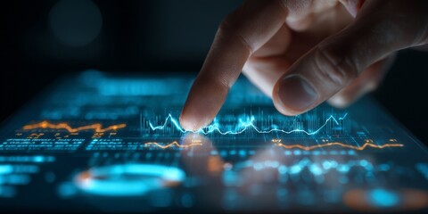 Aufkleber - Close-up of a Hand Interacting with a Digital Dashboard Displaying Financial Data, Graphs, and Analytics in a Technologically Advanced Environment