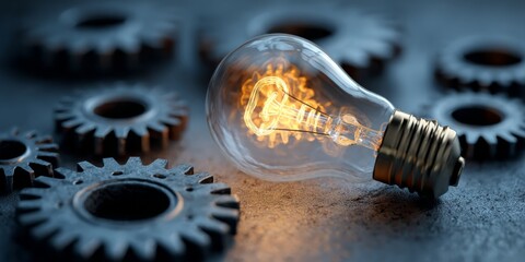 Aufkleber - Light Bulb with Gear Elements Symbolizing Innovation and Creativity in Technology and Engineering on a Rustic Background