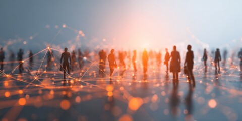 Poster - Abstract representation of crowd with glowing network connections symbolizing digital interaction and community in a futuristic urban environment