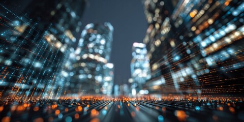 Poster - Futuristic Cityscape at Night with Blurred Lights and Digital Elements Creating a High-Tech, Vibrant Urban Atmosphere and Depth of Field Perspective