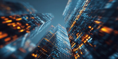 Poster - Futuristic Skyscrapers with Glowing Lights in a Modern Urban Setting Captured from a Low Angle at Dusk