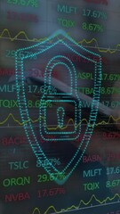 Poster - Animation of financial data and digital padlock over hands of caucasian man using smartphone