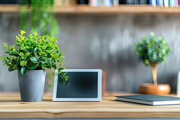 Worktable with Mockup Digital Tablet Notebooks and Plant Pot in Office Room