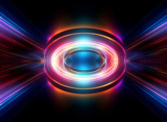 Poster - Vibrant abstract glowing circle. Neon lights radiate outward in beams from the circular form, illuminating the dark background with colorful rays.