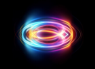 Aufkleber - Abstract image of luminous swirling lights in shades of blue, orange, and yellow, creating a dynamic and futuristic circular pattern against a dark backdrop.