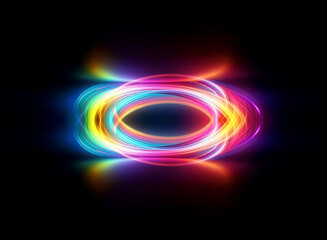 Poster - Glowing oval shape of vibrant light trails against a stark black backdrop. Layers of blue, yellow, orange, pink, and purple hues create a dynamic, luminous effect.