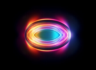 Poster - Abstract glowing oval shape with vibrant colors of blue, purple, orange, and red is centered on a black background. Modern light effect.